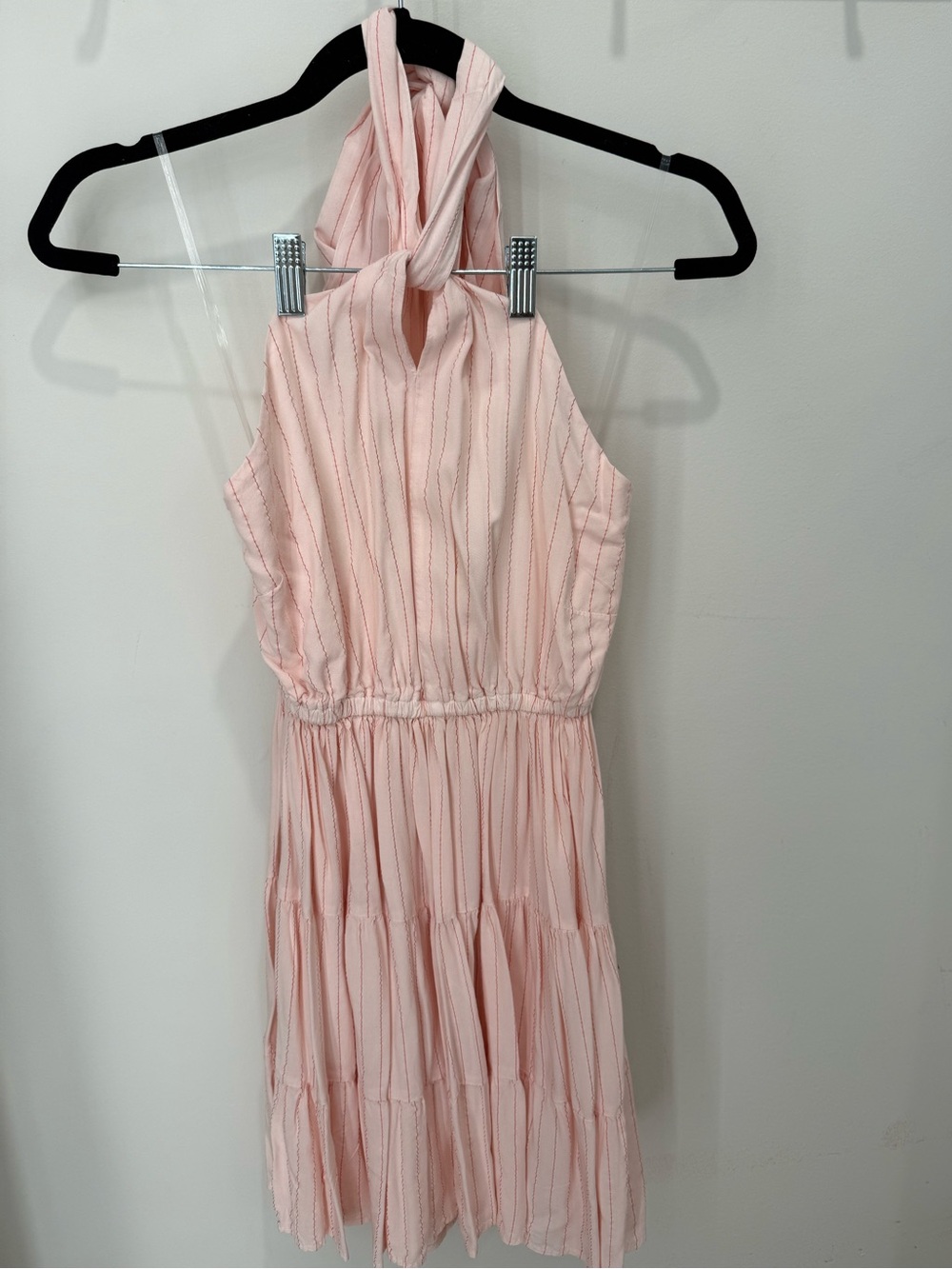 NWT Self Contrast Pink Striped Halter Tiered Mini Dress XS